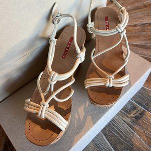 Prada Strappy Platform White Rope Wedge Heels